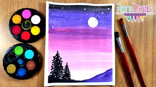 Cómo pintar PAISAJE NOCTURNO fácil con ACUARELA  How to paint easy NIGHT LANDSCAPE with WATERCOLOR [upl. by Soirtimid145]