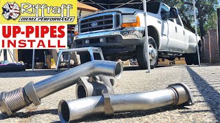 2001 F350 73  RiffRaff UpPipes Install  Stock up pipes leaking and falling apart JUNK SP [upl. by Anytsirhc]